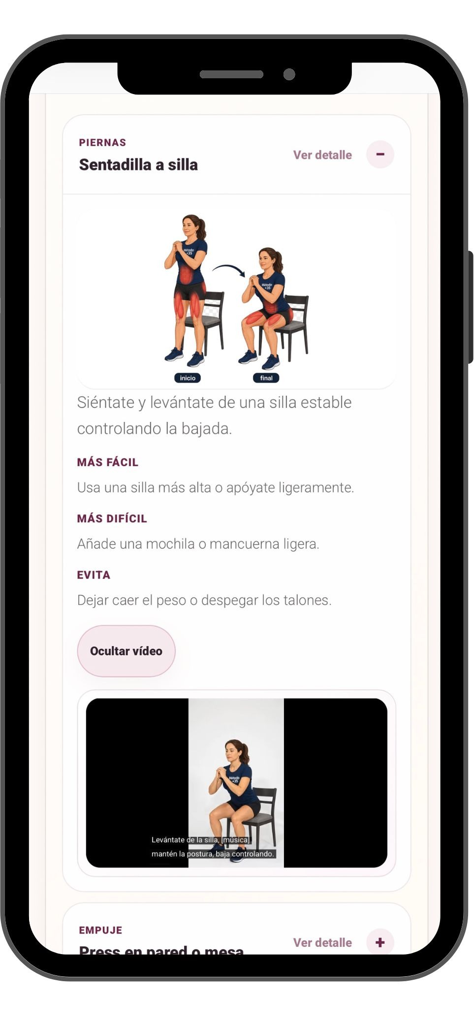 Ejercicio explicado con imagen y vídeo dentro de Método +35