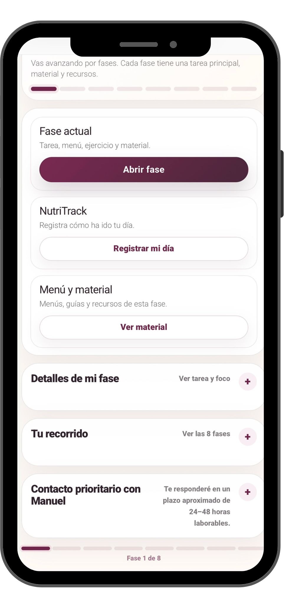 Vista del portal privado de Método +35 con fase actual, NutriTrack y material