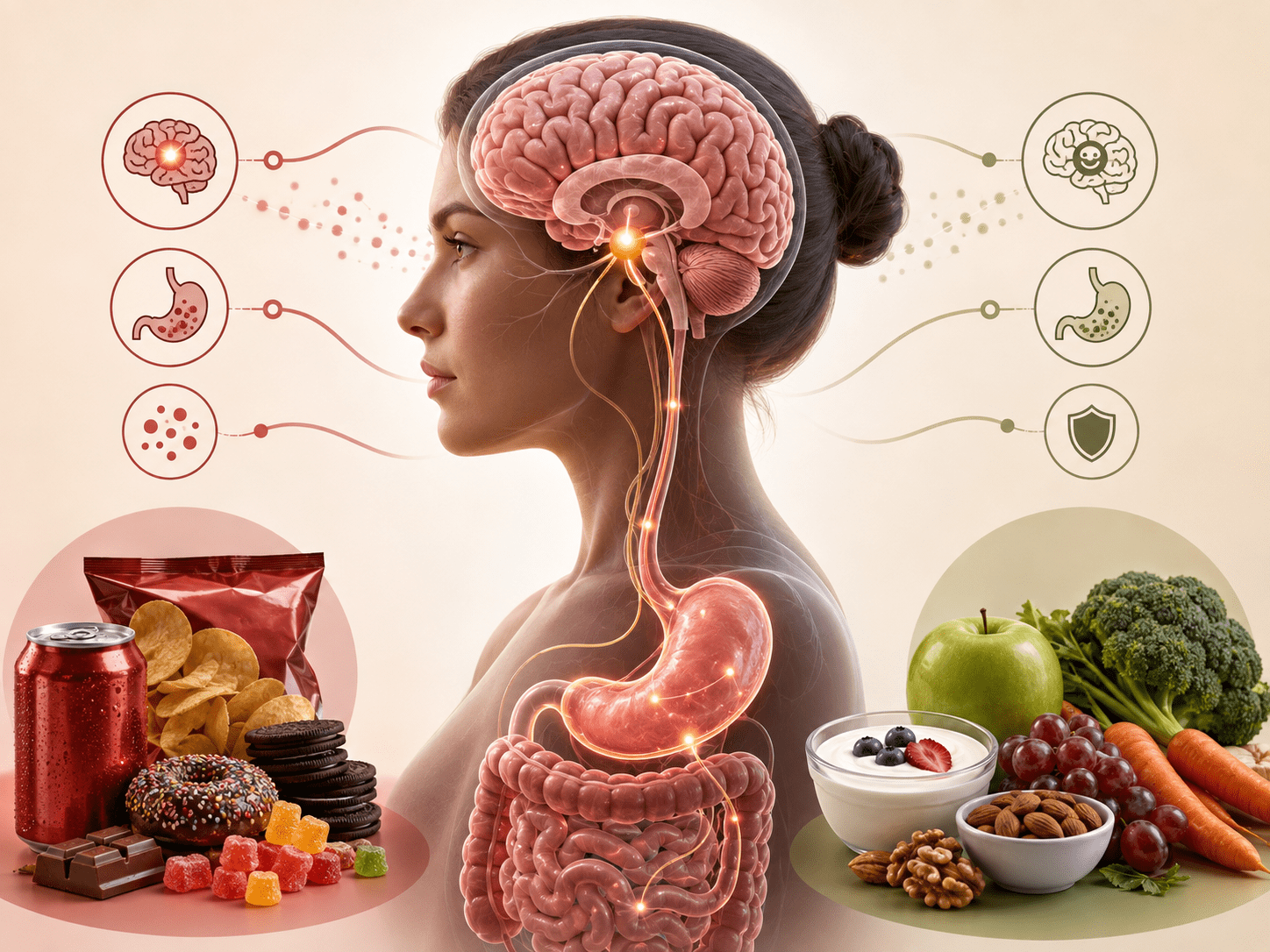 Representación de la comunicación entre cerebro, estómago e intestino en la regulación del hambre y la saciedad