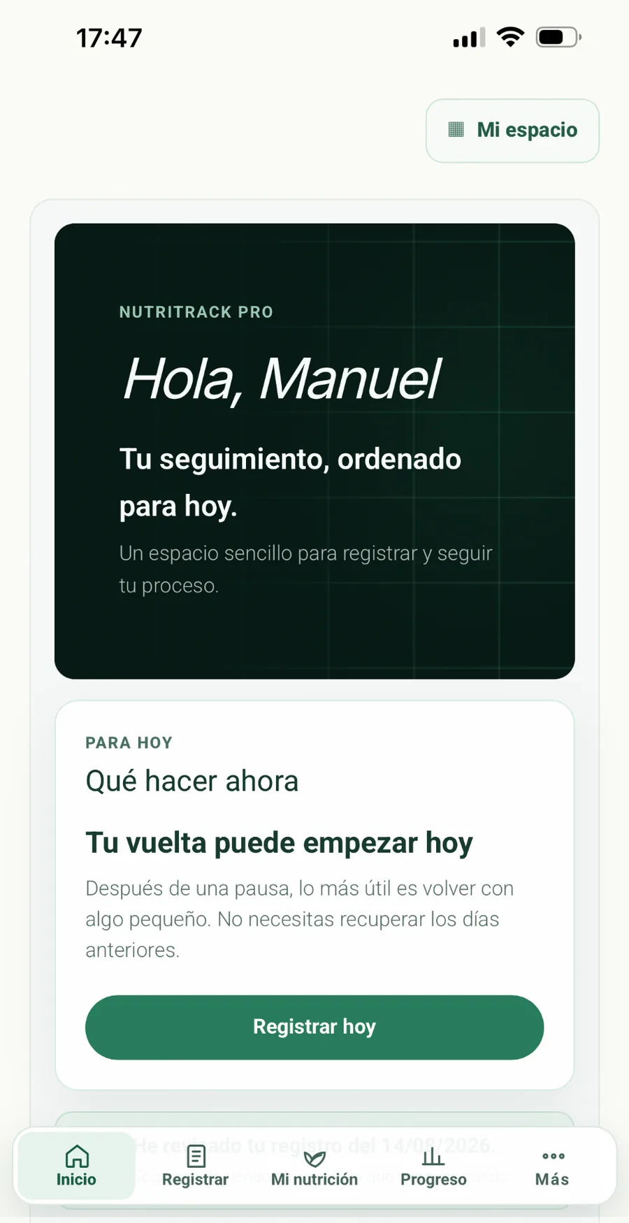 Pantalla de inicio de NutriTrack Pro con seguimiento del día