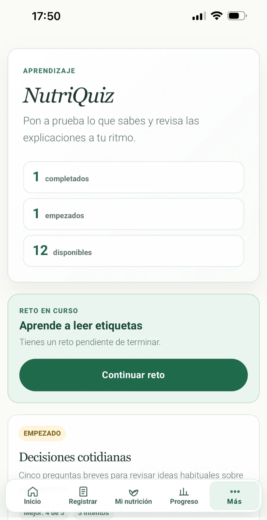 NutriQuiz de NutriTrack Pro para aprender a leer etiquetas