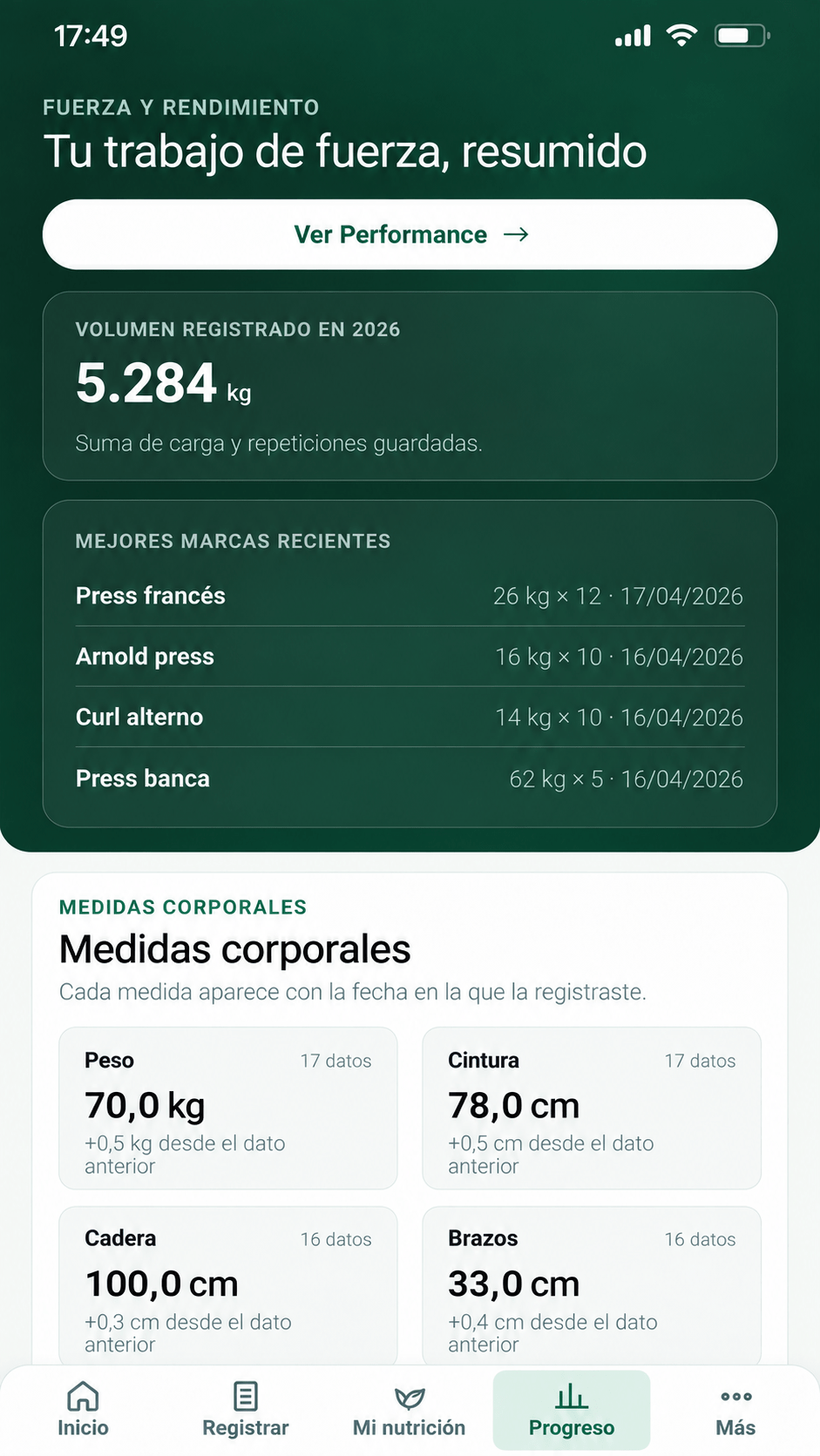 Vista móvil de NutriTrack Performance con métricas de entrenamiento de fuerza