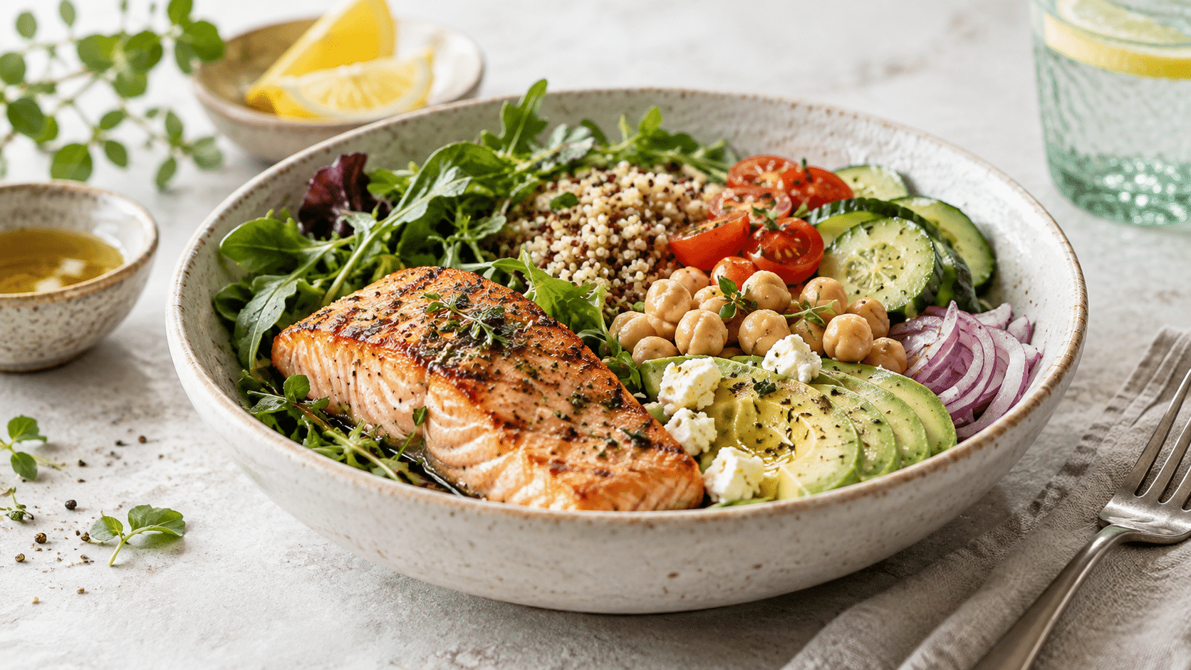 Almuerzo mediterráneo con salmón, verduras, legumbres y cereales