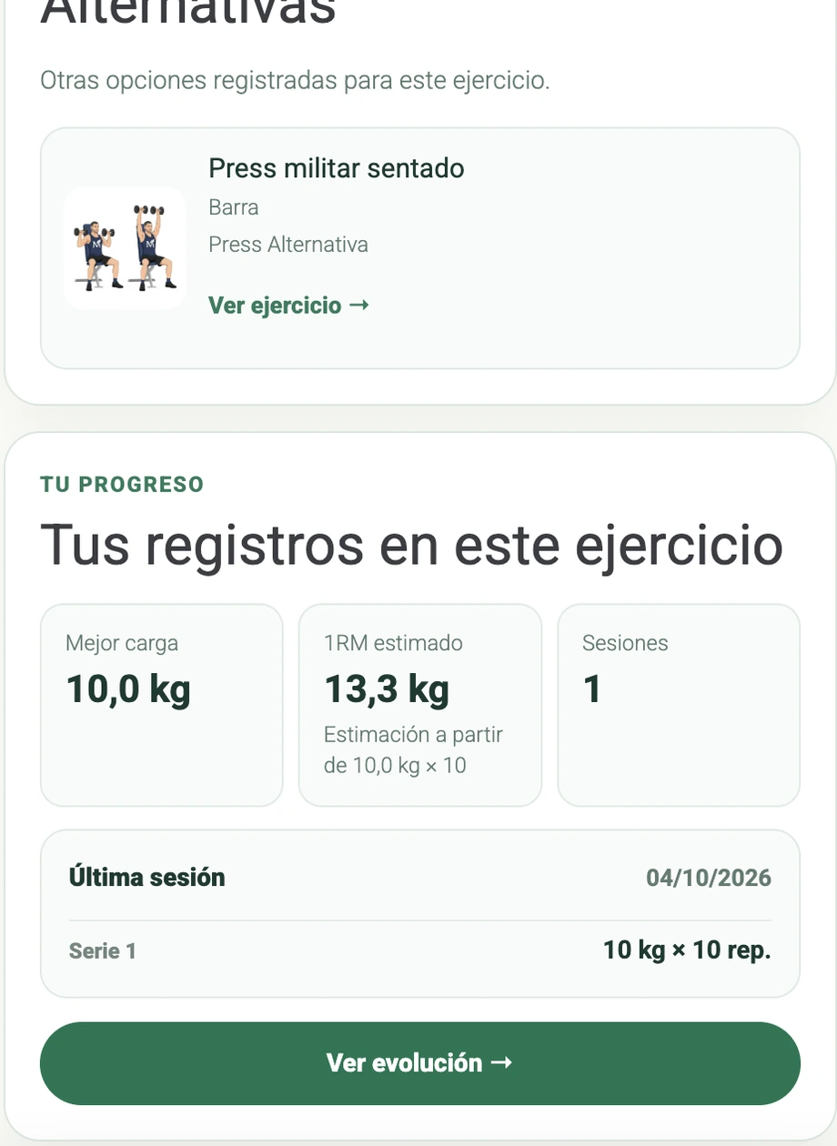 Alternativas y progreso del ejercicio en NutriTrack Performance
