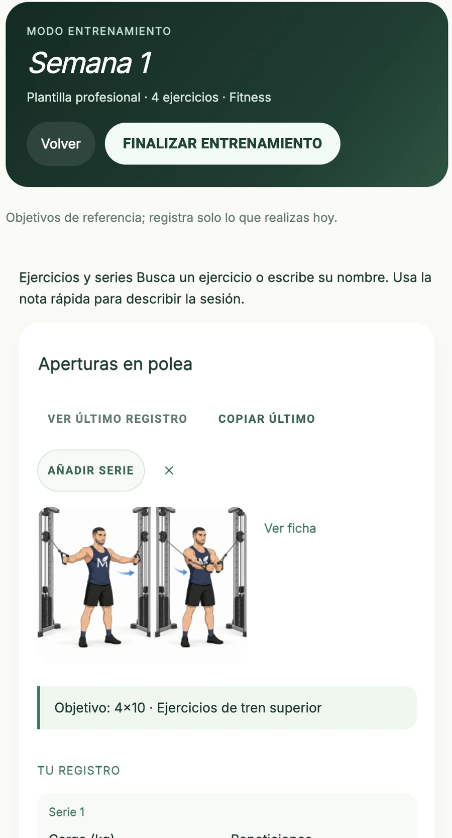 Modo entrenamiento móvil de NutriTrack Performance
