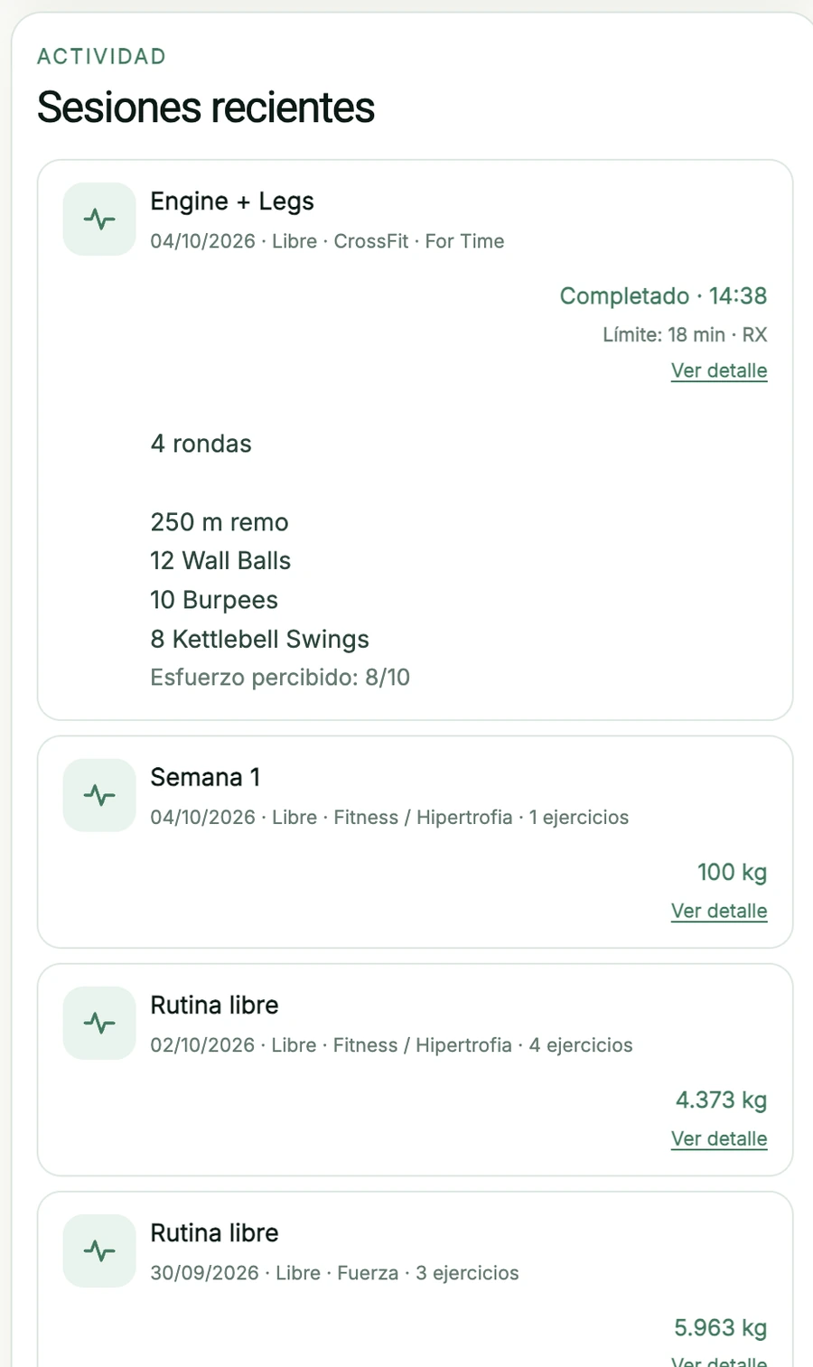 Resultado de entrenamiento CrossFit For Time en NutriTrack Performance