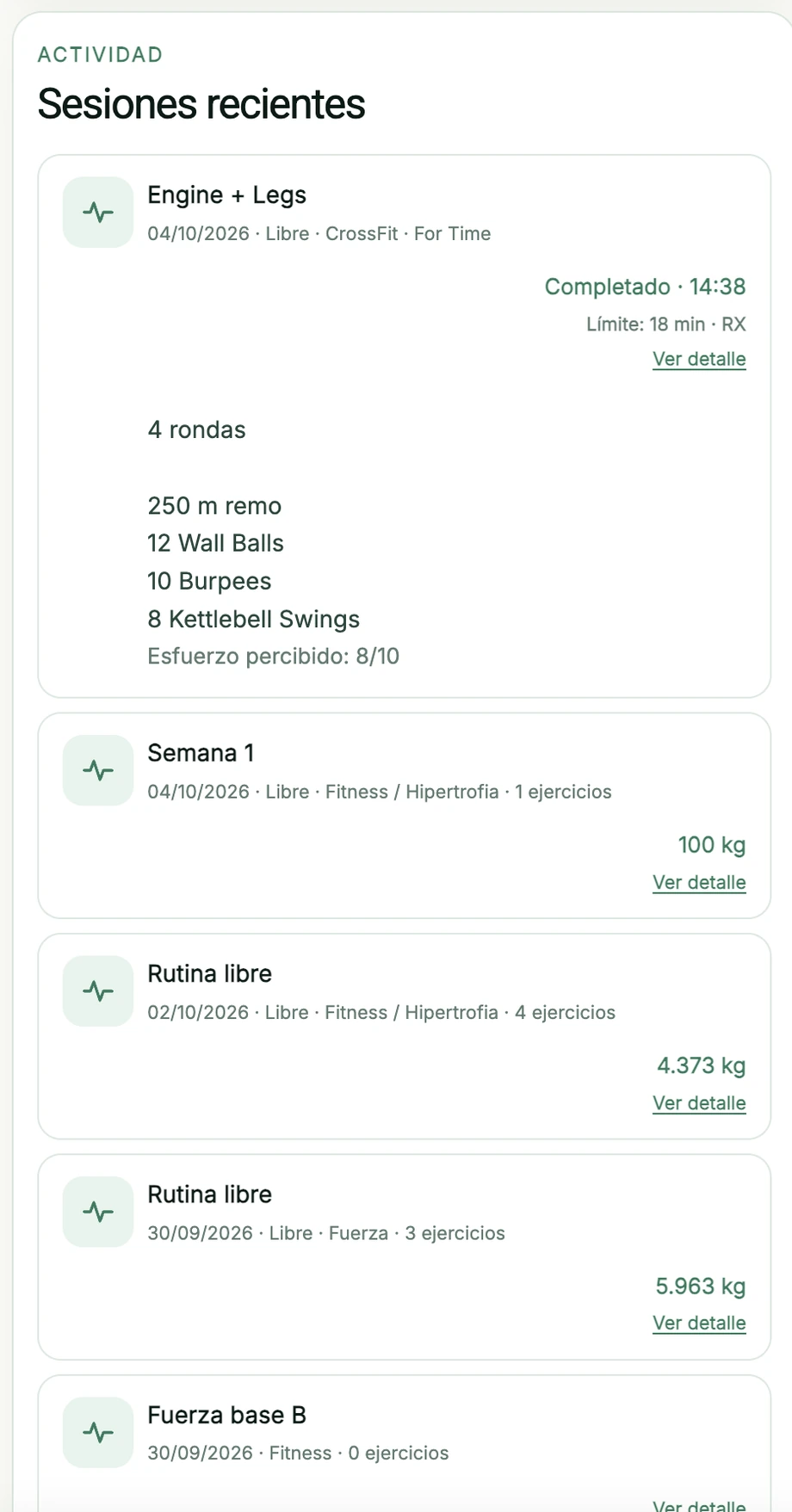 Historial de sesiones en NutriTrack Performance