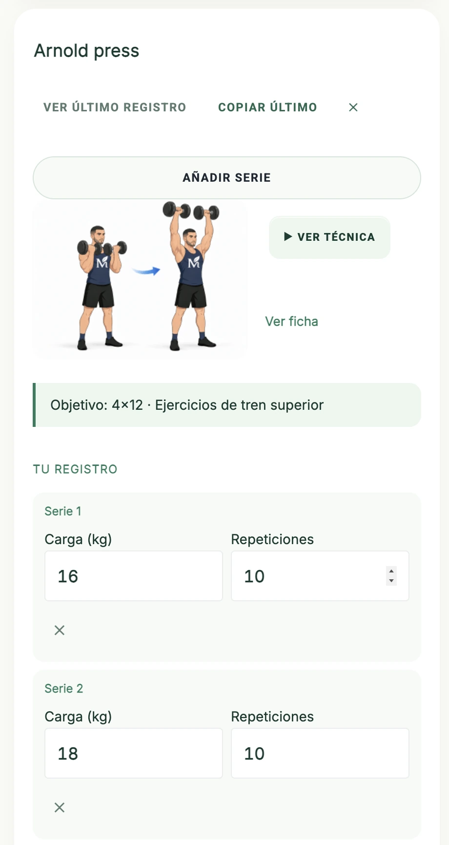 Modo entrenamiento de NutriTrack Performance con ejercicio Arnold press, técnica y registro de series, cargas y repeticiones